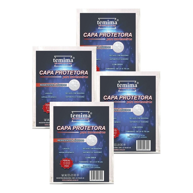 Kit 4 Capas De Travesseiro Antiácaro Impermeável Percal 180 Fios Com Zíper Temima