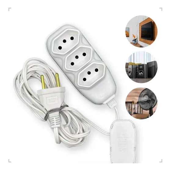 Extensão Elétrica 3 Metros 127/220V Fio Grosso 3 Tomada 3 Pino Cor Branco 127V/220V