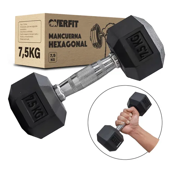 Mancuerna Hexagonal 7.5kg Acero Y Caucho Overfit Color Negro