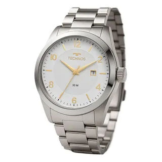 Relógio Technos Steel Prata Quartz Aço Inox Com Calendário