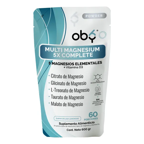 Oby Multi Magnesio Complex con 5 Magnesios: Citrato de Magnesio, Glicinato de Magnesio, Treonato, Taurato y Malato. Polvo Sabor Lemonade