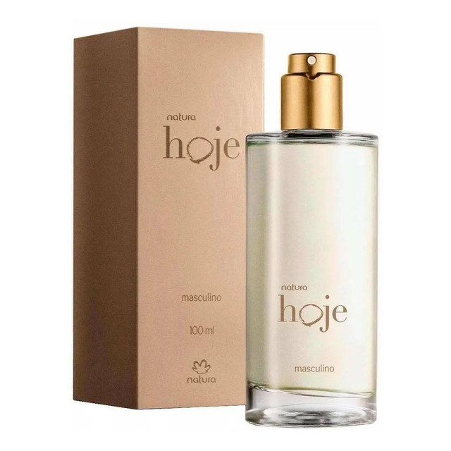 Frasco de vidro transparente da Deo Colônia Natura Hoje Masculino ao lado da caixa de papelão bege com a marca em destaque
