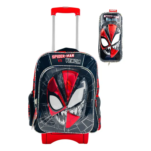Mochila De Carrito Y Lapicera Spiderman Hombre Araña Venom Primaria Mod 2 Color Negro Ruz 175617