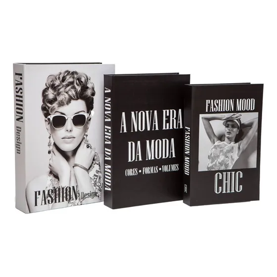 Kit 3un Caixa Porta Objeto Livro Fake Decorativo - Moda