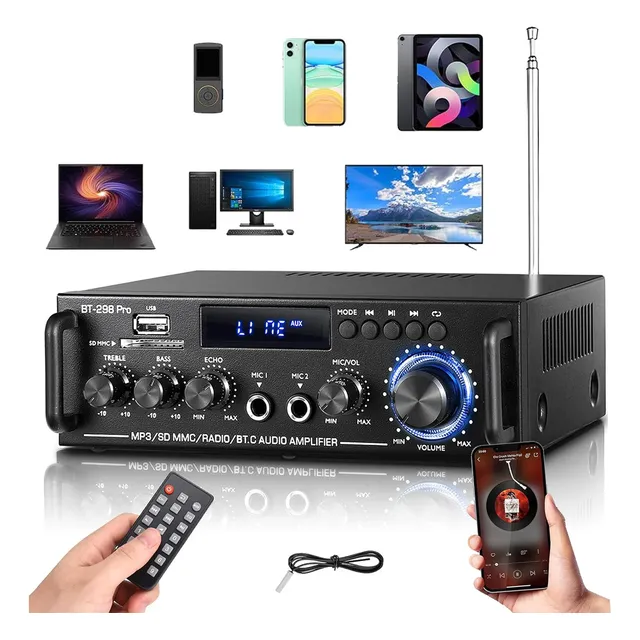 Amplificador De Audio Bluetooth Estéreo Hifi Home Aux/fm/tf/usb 2 Canales Alta Potencia Alta Fidelidad De Salida Rms 900 W Bt-298 Pro Con Interfaz De Micrófono Con Mando A Distancia