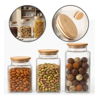 Kit 3 Potes Vidro Tampa De Bambu Quadrado Canelado Hermetico Transparente