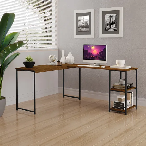 Mesa Escrivaninha Estilo Industrial Em L Com Prateleiras Klm Store