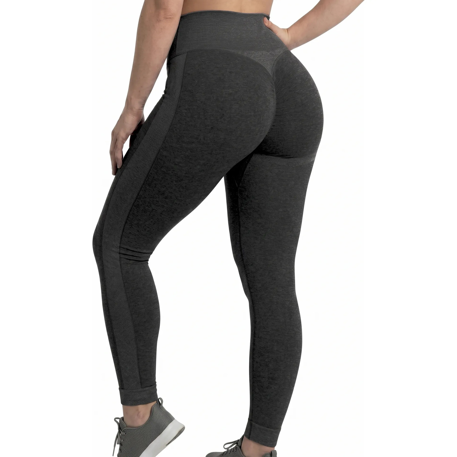 Calça Legging Feminina Selene Academia Empina Levanta Bumbum, modelo em tecido elástico com costura embutida nas laterais, vista traseira destacando a modelagem empinada e ajuste no bumbum