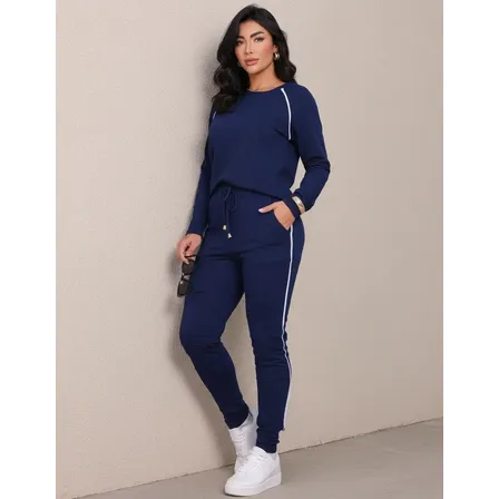 Conjunto Feminino Blusa E Calça Moletinho Inverno Elegante Azul-marinho P
