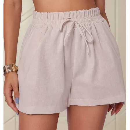 Short Feminino Curto Linho Bolso Cintura Alta Moda Verão