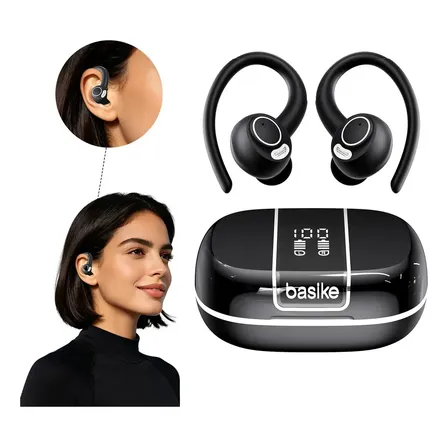Fone de Ouvido Basike TWS Bluetooth Esportivo para Corrida com Cancelamento de Ruído, Bateria de 35h e Display LED