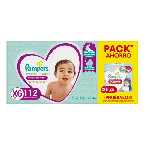 Pañales Pampers Premium Care XG 112 Un + Pants XG 26 Un