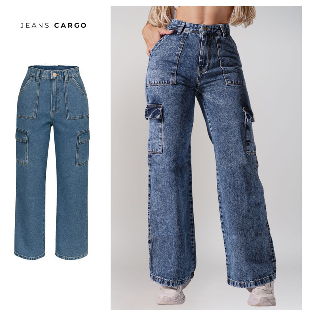 Calça Cargo Bolso Lateral Pantalona Cintura Alta Jeans 100% Calça Cargo Bolso Lateral Pantalona Cintura Alta Jeans 100%