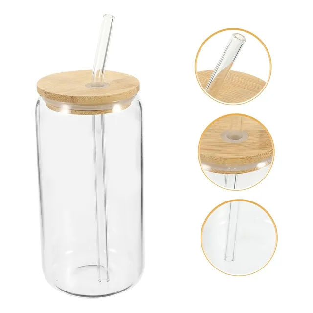 Vaso De Vidrio Con Tapa De Bambú Y Sorbito 20 Unidades 380ml