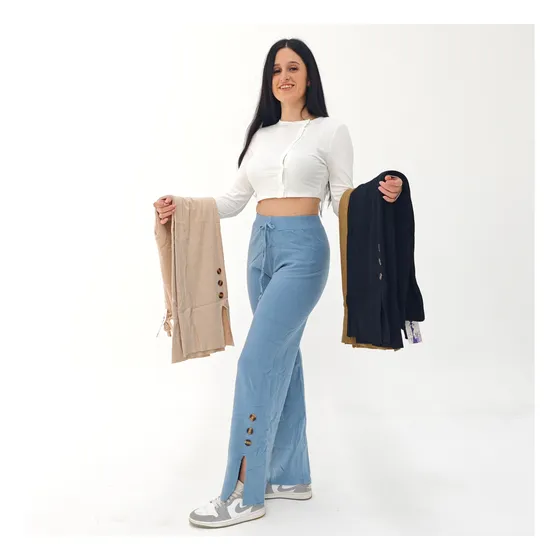 Pantalon Palazo Mujer C/botones Suave Comodo De Hilo