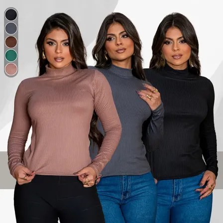Kit 3 Blusa Feminina Manga Comprida Malha Canelada Gola Alta