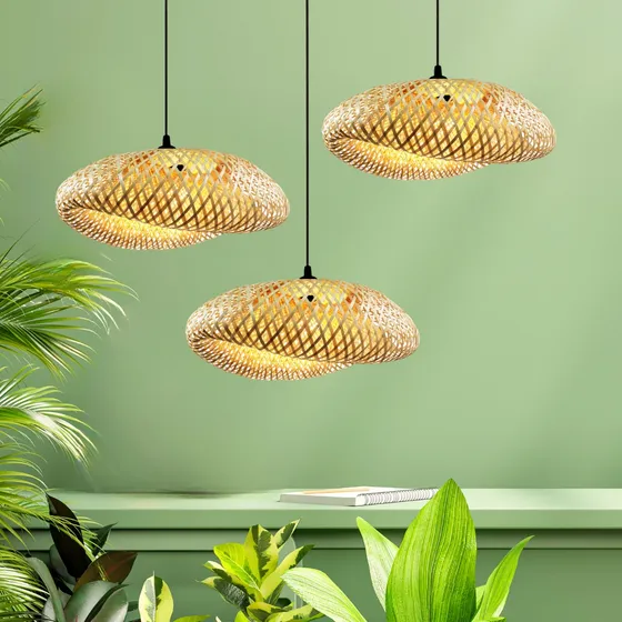 Kit 3 Pendentes Teto Bambu Fibra Natural 50cm Completo