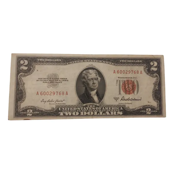Cédula Two Dollars 1953 Jefferson Usa. Red Seal P#380 Rara