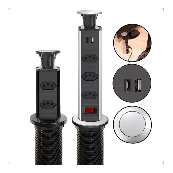 Torre Tomada Embutir Retrátil 3 Tomadas 1 USB A e 1 Tipo C Bivolt Push Ocultável para Cozinha Escritório Bancada Alumínio Vinwer Cor Preto