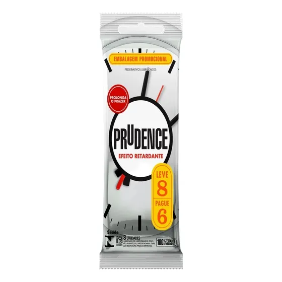 Preservativo Masculino Lubrificado Efeito Retardante Prudence Pacote Leve 8 Pague 6 Unidades