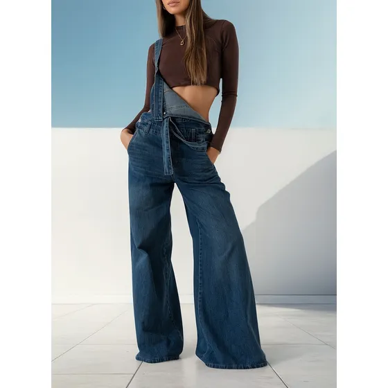 Jardinero Wide Leg Enterito De Jean Largo Mujer Denim