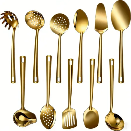 Kit 11 Talheres Grandes Dourado Utensílios Servir Salada Dourado Materiais Seguros De Nível Alimentício