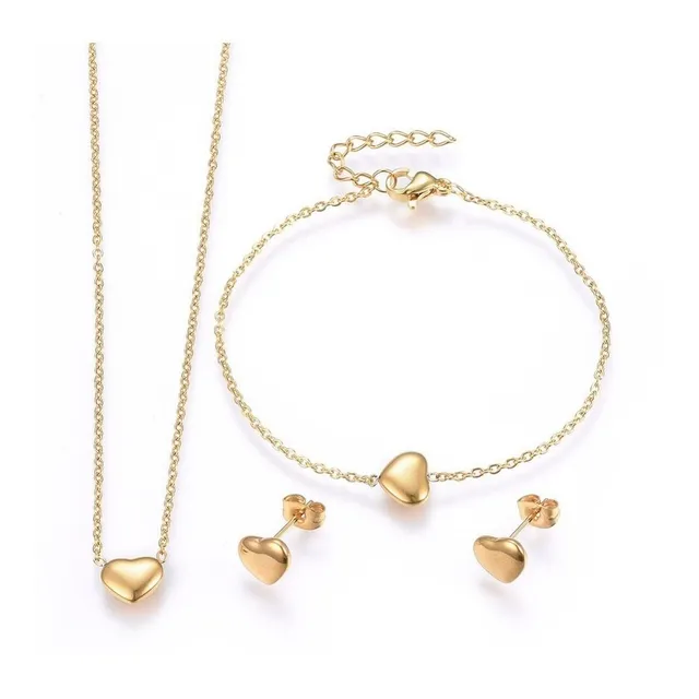 Collar + Aretes + Pulsera Con Dijes De Corazon Dorado
