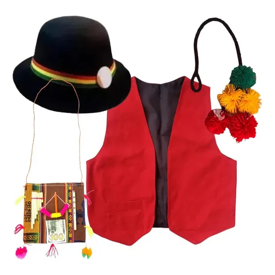 Traje Chaleco Bolero Nortino Chilote Y Accesorios Rojo