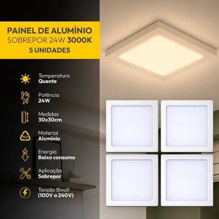 Kit 5 Painel Led Plafon Aluminio Sobrepor 24w 3000k Branco Quente 29x29cm Quadrado Cod: ALUT002008-5 Alut By Avant