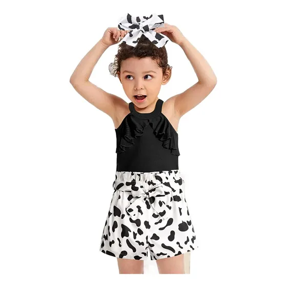 Conjunto Niña Vaca 3pz Verano Volantes + Moño Estampado