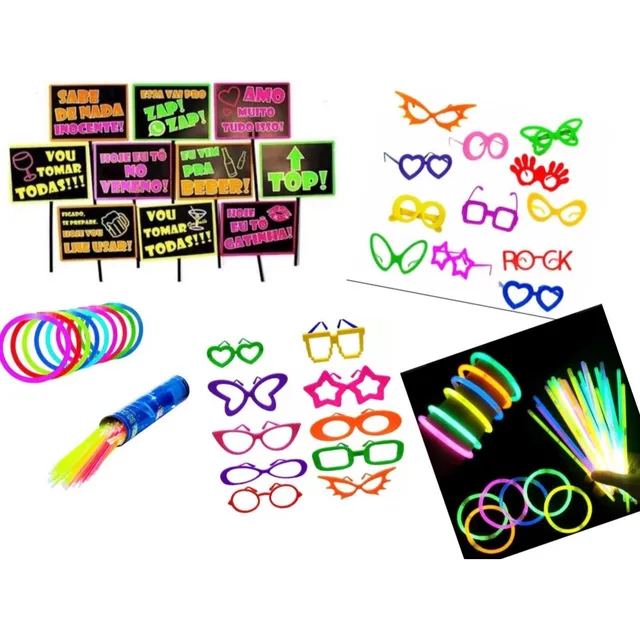 Kit Festa Balada Neon Óculos Pulseiras Plaquinhas 130 Itens 