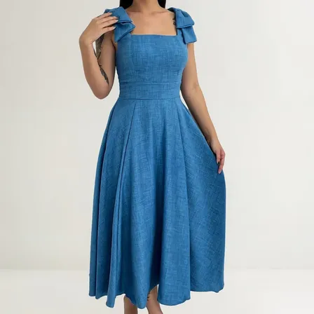 Vestido Midi Luxo Lisa Duna Linho Com Laço Na Manga 0150