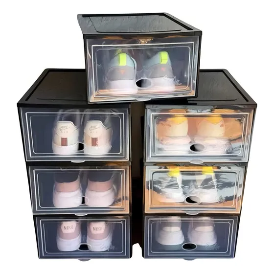 Caja Organizadora De Zapatillas Pack X4 Hasta Talle 38 Negro Con Tapa Frontal Apilable Ideal Para El Hogar