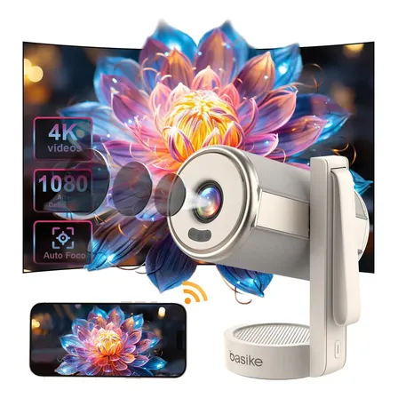 Projetor Portátil Basike Full HD 1080P 4K, Wi-Fi 6 Dual Band, Bluetooth 5.4, Foco Automático, Correção Automática, Rotação 180° e Tela até 200"
