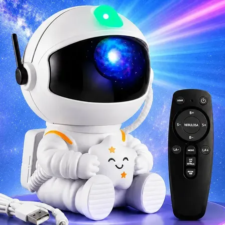Luminária Astronauta Projetor Led Infantil Galáxia Estrela Branco Robo Robozinho Luz Colorida Céu Teto Abajur De Mesa Cupula Decorativa Para Quarto Rgb Noturna Bivolt Portatil Lua Art Light