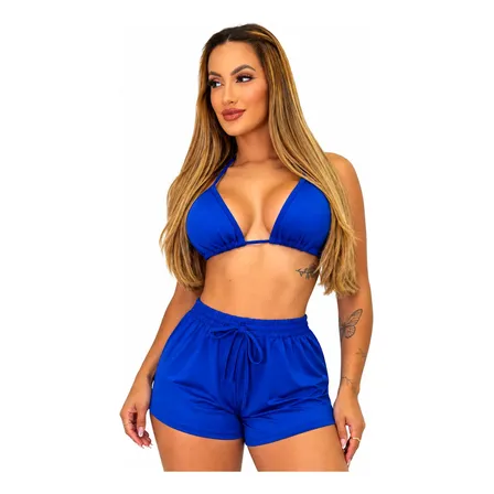 Conjunto Trikini Kit 3 Peças Biquini Short Moda Praia Lindo