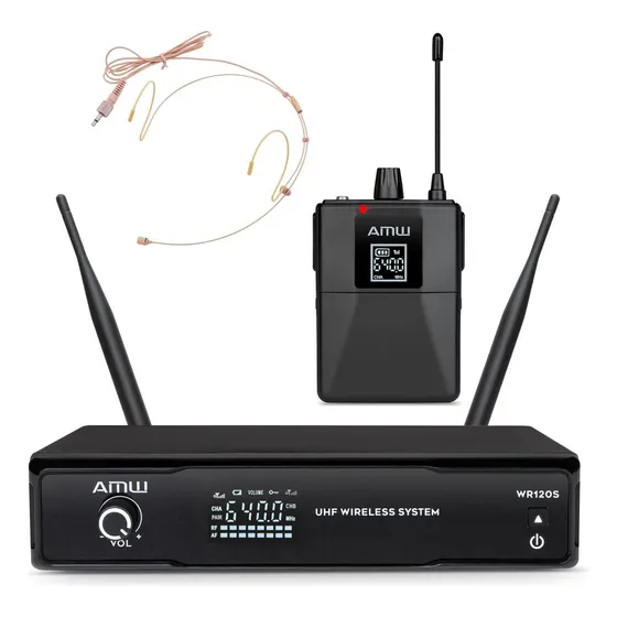 Amw Bu50 Microfone Sem Fio Uhf Digital Auricular Bege Bodypack Um Canal + Estojo Profissional