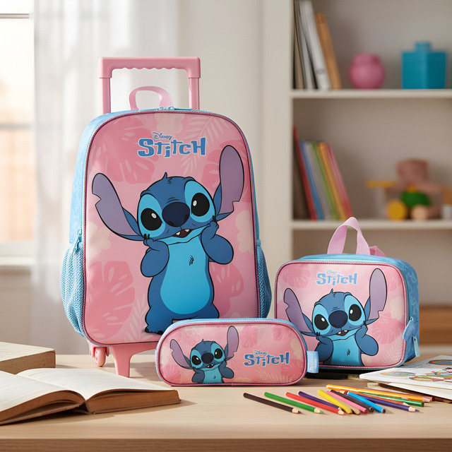 Kit Mochila C/ Rodas Estojo E Lancheira Stitch Disney Rosa Rosa Liso