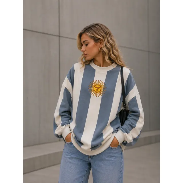Buzo Argentina Rayado Unisex Sol De Mayo Frisado Premium Unico Azul Y Blanco