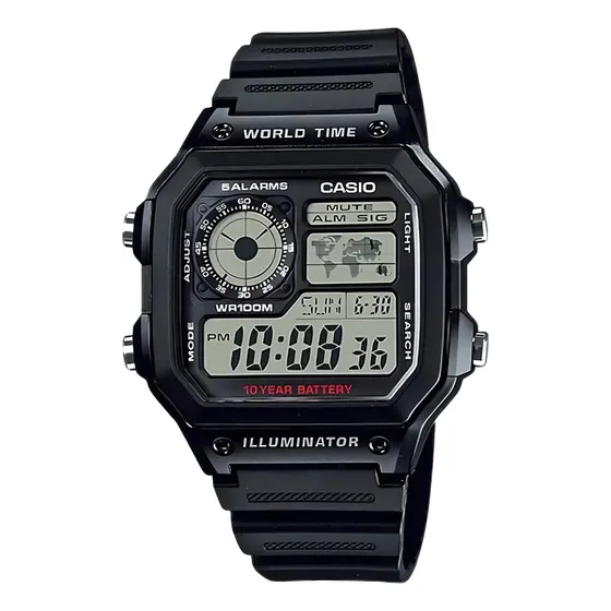 Reloj pulsera digital Casio AE-1200WH-1A con correa de resina color negro - fondo gris