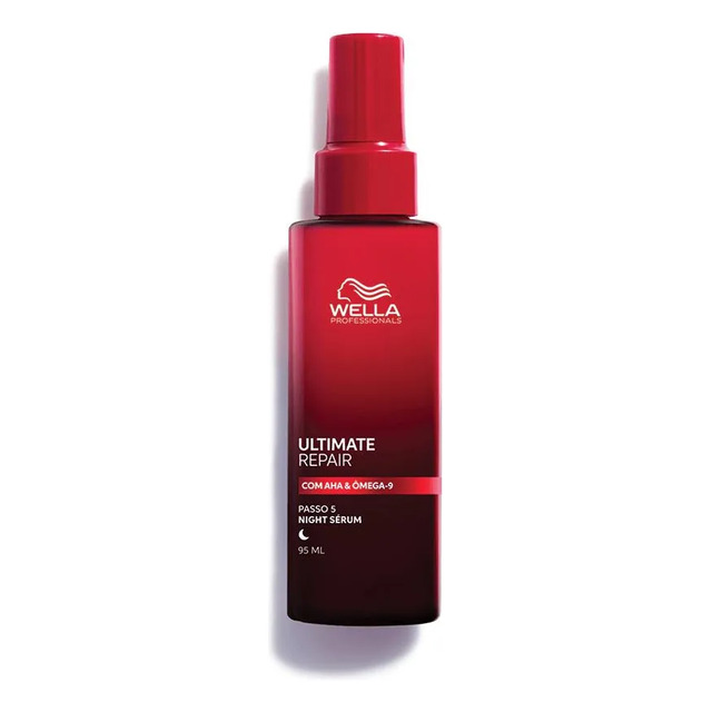 Frasco de sérum noturno Wella Professionals Ultimate Repair de 95ml com embalagem na cor vermelha e tampa spray