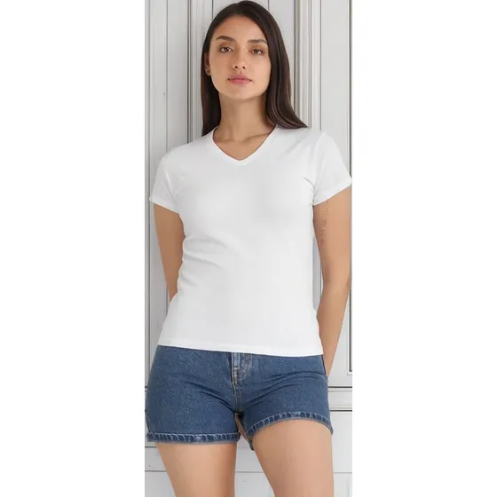 Polera Blanca Mujer Algodón Cuello V Para Sublimar Estampar
