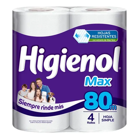 Papel Higiénico Higienol Max Simple 80 M Pack de 4