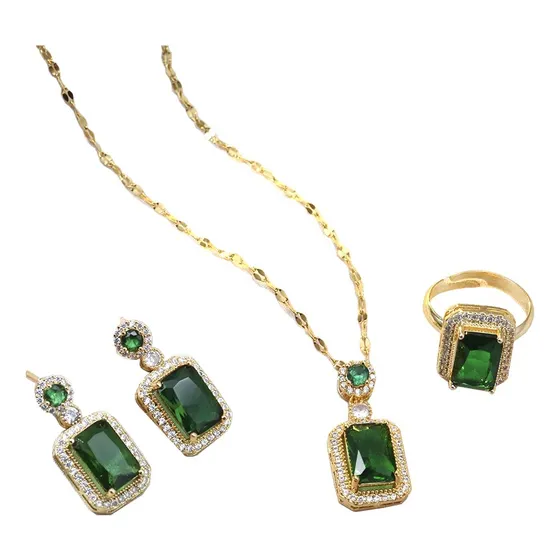 Conjunto Colar Brincos Anel Metal Dourado Cristais Retângulo