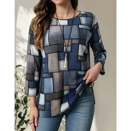 Camiseta Blusa Cuello Redondo A Cuadros De Colores