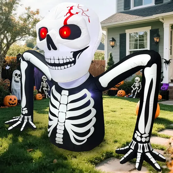 Inflable de Cráneo Blanco para Decoración de Halloween con Ojos Rojos, 1.8 M