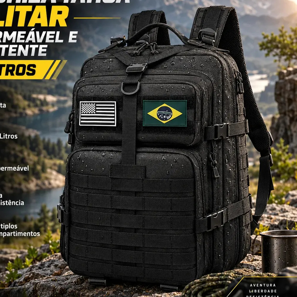 Bolsa Tática Mochila Militar Impermeável E Resistente 50 Litros Preto Para Viagem Trabalho Estudos