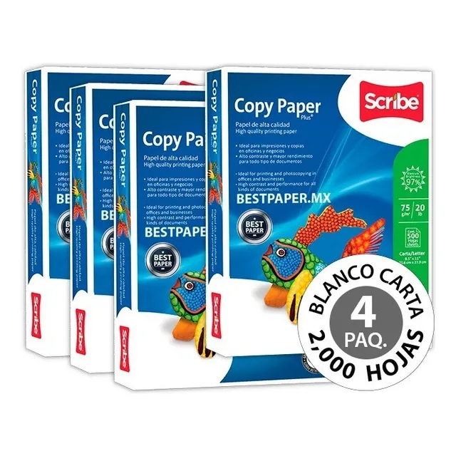 Papel Copy Paper Blanco Carta - 4 Paquetes (2,000 Hojas)