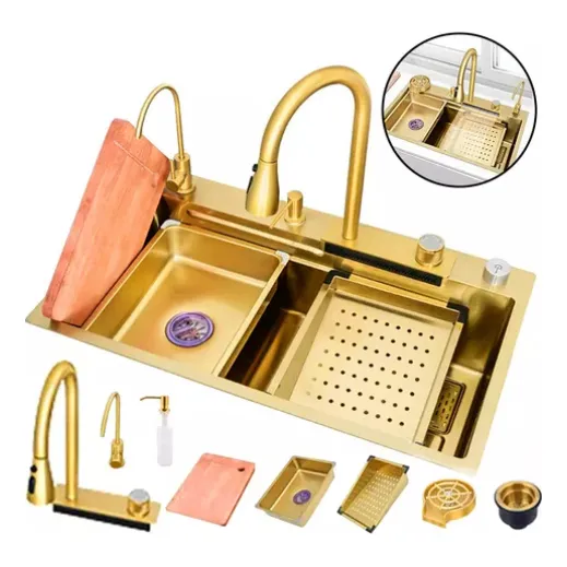 Kit Fregadero Con Accesorios Oro Acero Inoxidable 80*45