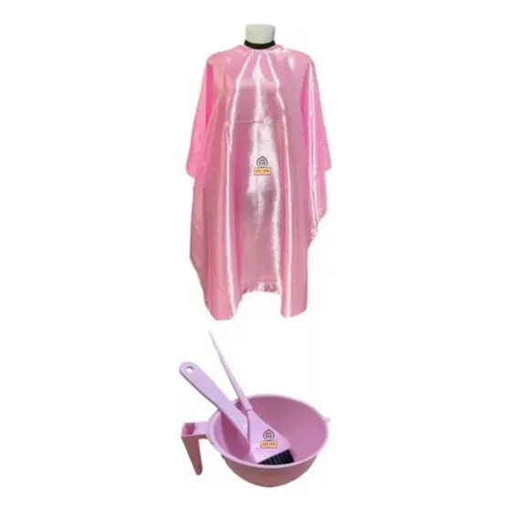 Kit Capa De Cetim Para Salão + Cumbuca Com Pincel E Espátula